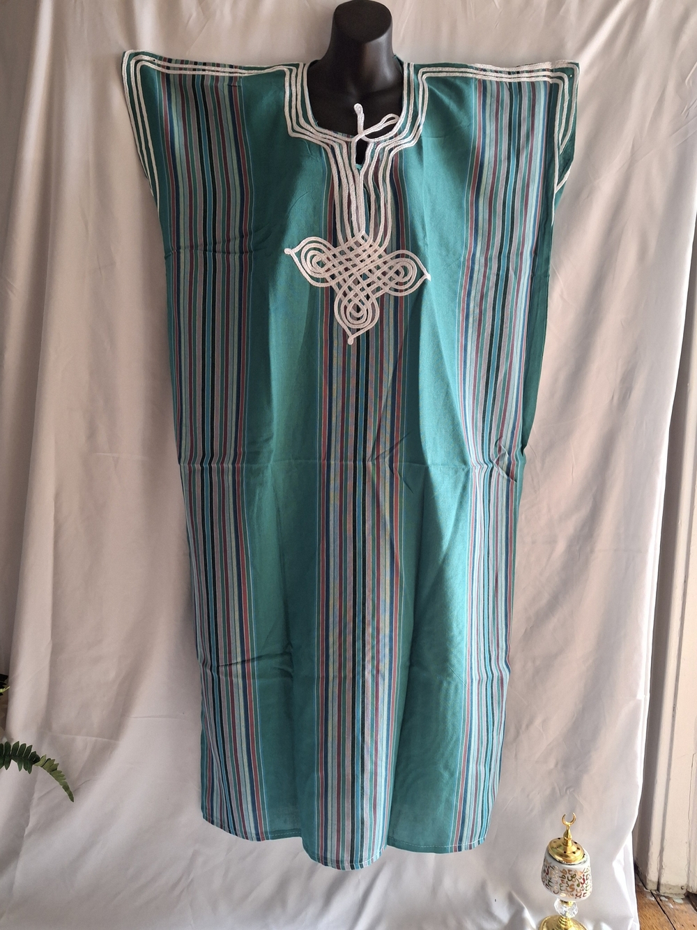 Turquoise Striped Embroidered Maxi Caftan Dress - Relaxed Fit
